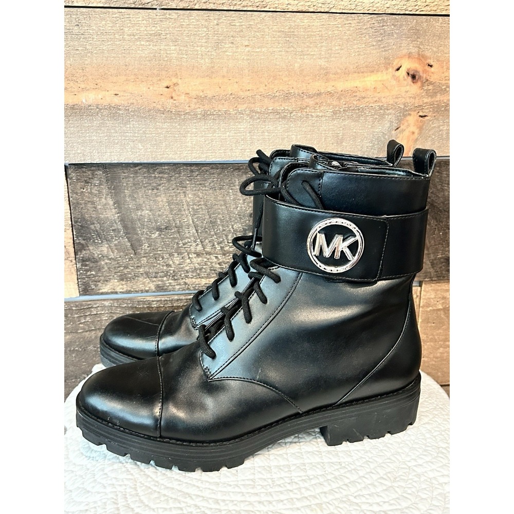 MICHAEL KORS TATUM LOGO COMBAT BOOTS -BLACK FAUX LEATHER -US‎ 10 EUC